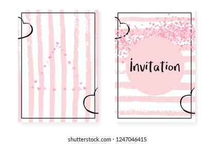 Wedding set with dots and sequins. Bridal shower invitation card with pink glitter confetti. Vertical stripes background. Hipster wedding set for party, event, save the date flyer.