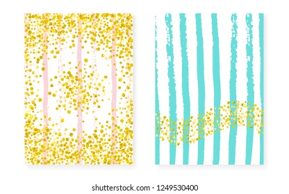 Wedding set with dots and sequins. Bridal shower invitation card with gold glitter confetti. Vertical stripes background. Retro wedding set for party, event, save the date flyer.