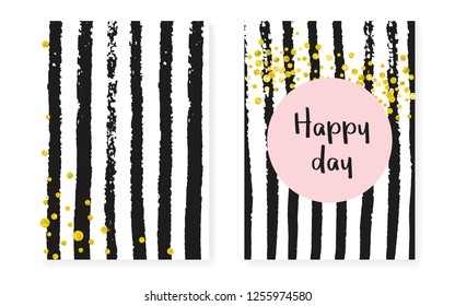 Wedding set with dots and sequins. Bridal shower invitation card with gold glitter confetti. Vertical stripes background. Stylish wedding set for party, event, save the date flyer.