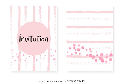 Wedding set with dots and sequins. Bridal shower invitation card with pink glitter confetti. Vertical stripes background. Hipster wedding set for party, event, save the date flyer.