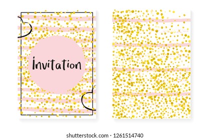 Wedding set with dots and sequins. Bridal shower invitation card with gold glitter confetti. Vertical stripes background. Stylish wedding set for party, event, save the date flyer.
