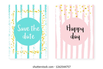 Wedding set with dots and sequins. Bridal shower invitation card with gold glitter confetti. Vertical stripes background. Stylish wedding set for party, event, save the date flyer.