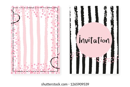 Wedding set with dots and sequins. Bridal shower invitation card with pink glitter confetti. Vertical stripes background. Vintage wedding set for party, event, save the date flyer.