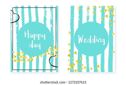 Wedding set with dots and sequins. Bridal shower invitation card with gold glitter confetti. Vertical stripes background. Retro wedding set for party, event, save the date flyer.