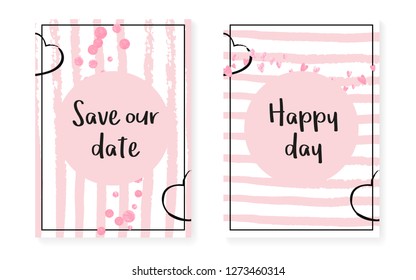 Wedding set with dots and sequins. Bridal shower invitation card with pink glitter confetti. Vertical stripes background. Retro wedding set for party, event, save the date flyer.