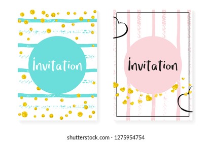 Wedding set with dots and sequins. Bridal shower invitation card with gold glitter confetti. Vertical stripes background. Creative wedding set for party, event, save the date flyer.