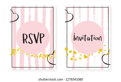 Wedding set with dots and sequins. Bridal shower invitation card with gold glitter confetti. Vertical stripes background. Elegant wedding set for party, event, save the date flyer.