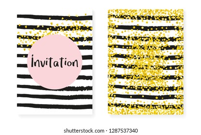 Wedding set with dots and sequins. Bridal shower invitation card with gold glitter confetti. Vertical stripes background. Vintage wedding set for party, event, save the date flyer.