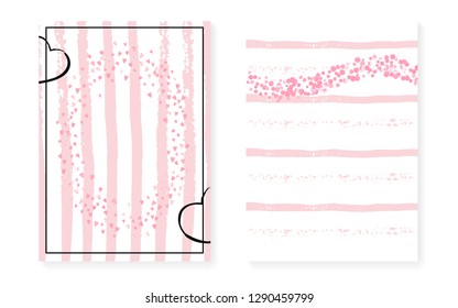 Wedding set with dots and sequins. Bridal shower invitation card with pink glitter confetti. Vertical stripes background. Retro wedding set for party, event, save the date flyer.