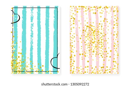 Wedding set with dots and sequins. Bridal shower invitation card with gold glitter confetti. Vertical stripes background. Hipster wedding set for party, event, save the date flyer.