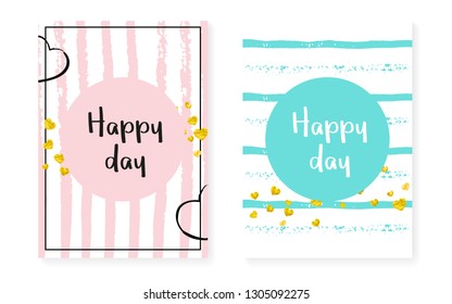 Wedding set with dots and sequins. Bridal shower invitation card with gold glitter confetti. Vertical stripes background. Trendy wedding set for party, event, save the date flyer.