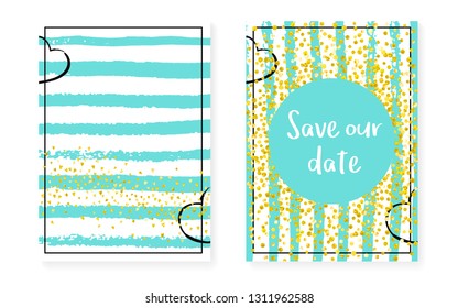 Wedding set with dots and sequins. Bridal shower invitation card with gold glitter confetti. Vertical stripes background. Luxury wedding set for party, event, save the date flyer.