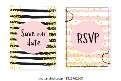 Wedding set with dots and sequins. Bridal shower invitation card with gold glitter confetti. Vertical stripes background. Creative wedding set for party, event, save the date flyer.