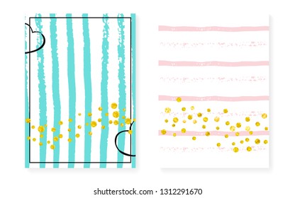Wedding set with dots and sequins. Bridal shower invitation card with gold glitter confetti. Vertical stripes background. Fashion wedding set for party, event, save the date flyer.