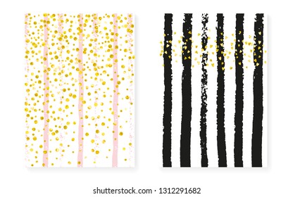 Wedding set with dots and sequins. Bridal shower invitation card with gold glitter confetti. Vertical stripes background. Trendy wedding set for party, event, save the date flyer.