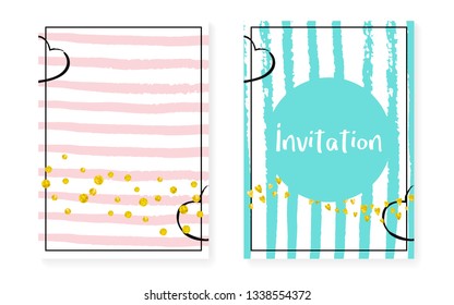 Wedding set with dots and sequins. Bridal shower invitation card with gold glitter confetti. Vertical stripes background. Fashion wedding set for party, event, save the date flyer.