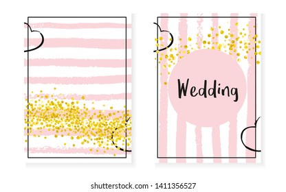 Wedding set with dots and sequins. Bridal shower invitation card with gold glitter confetti. Vertical stripes background. Creative wedding set for party, event, save the date flyer.