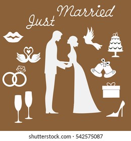 wedding set: dove, bells, cake, rings, swans, couple