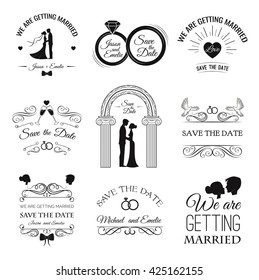 Wedding set: Dress, couple, ring, invitation, bride, card, heart, groom, couple silhuette, glasses of champagne. Wedding invitation template. Filigree divider scroll frame. Vintage decoration.