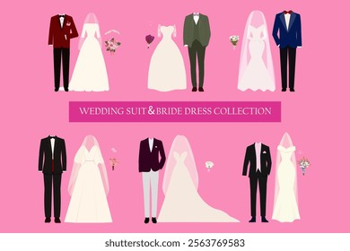 Wedding set with dress and suit of the bride and groom. Holiday fashion happy celebration wedding day. Vector illustration	