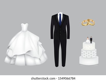 Wedding set. Dresses rings and cake. vector