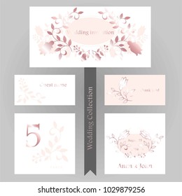 Wedding set with elegant floral decoration. Invitation and cards for wedding. 