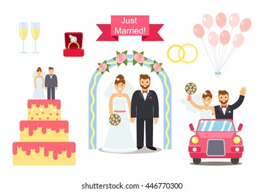 Wedding set of elements in a cartoon style. newlyweds Icons flat vector illustration isolate on a white background