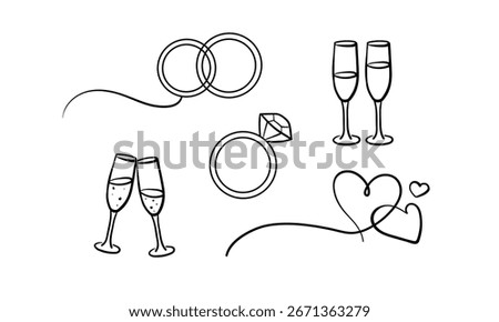Wedding set elements, continious line drawing. Marriage outline. Vector illustration