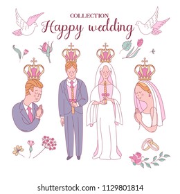 Wedding set. Set of elements for your own wedding invitation design. Wedding in Church. Bride and groom in wedding crowns. Flower frames. Vector illustration.
