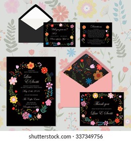 Wedding set with floral background. Vector illustration.