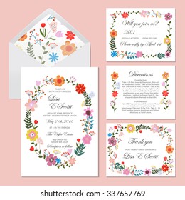 Wedding set with floral background. Vector illustration.