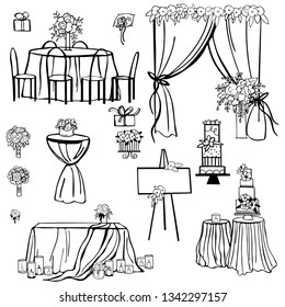 Wedding set. Flowers, cake, decoration for tables,  bridal bouquet. Vector sketch  illustration.