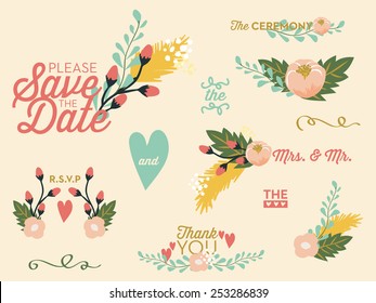 Wedding set with flowers. Create your own wedding card or invitation. Illustration and vector design. 