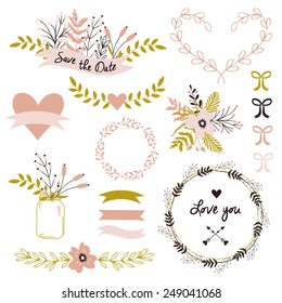 Wedding set with flowers, glass jars, ribbons. Use for wedding, birthday invitations, valentines cards.