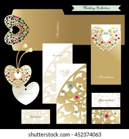 Wedding set. Golden heart. Laser cut template. Envelope, invitation, cards, label.