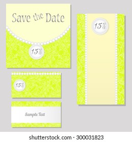 Wedding set green yellow style, invitation, disk, menu. Save the date. Post card