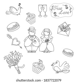 Wedding set, hand drawn, doodle style vector illustration.