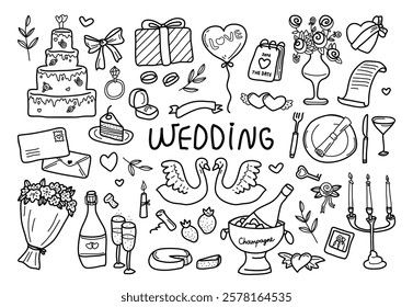 Wedding set with hand drawn engagement event and marriage ceremony whimsical design elements sketch and doodle scribbles vector illustration. Decorative and festive party celebration graphic icons