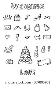 Wedding set hand drawn icons on white background. Vector illustration