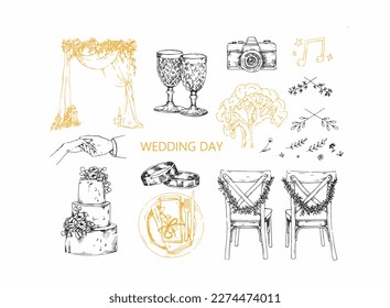 Hochzeit. Set handgezeichnete Vektorgrafiken im Doodle-Sketch-Stil.