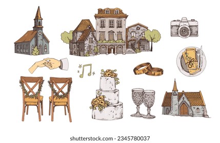 Wedding. Set of hand drawn vector illustrations.
