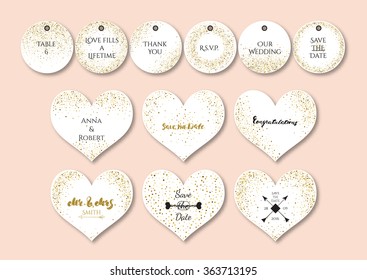 Wedding set  heart shape cards and tags with the abstract golden confetti backgrounds.