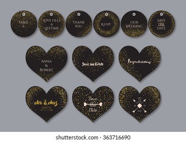 Wedding set  heart shape cards and tags with the abstract golden confetti backgrounds.