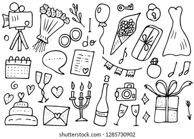Wedding set. Holiday elements in doodle style isolated on white background. Vector illustration.