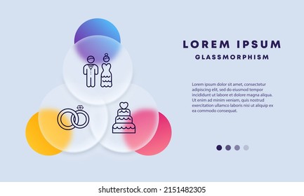 Wedding set icon. Bride and groom, suit, dress, wedding rings, wedding cake. Marriage concept. Glassmorphism style. Vector line icon for Business and Advertising.