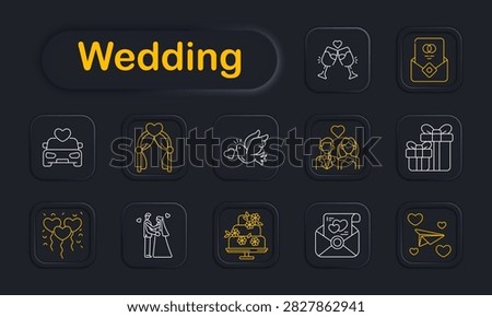Wedding set icon. Celebration vehicle, ceremonial arch, flying dove, romantic couple, wrapped presents, festive balloons, bridal dance, floral cake, invitation envelope, heartfelt message