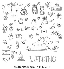 Wedding set icon. Hand drawn wedding elements vector stock illustration. Black and white whiteboard drawing wedding icons.