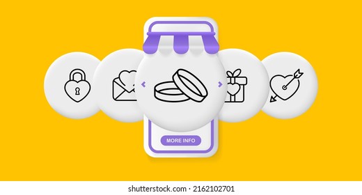 Wedding set icon. Heart, lock, love, wedding rings, gift, box, cupids arrow, marry, marriage, husband, wife. Relationship concept. UI phone app screen. Vector line icon for Business and Advertising.