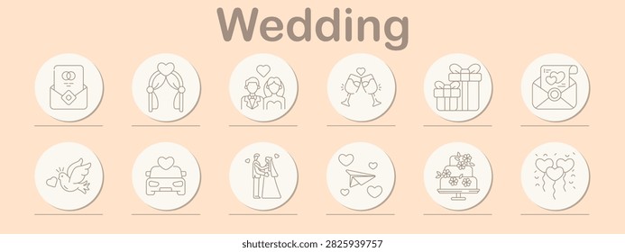 Wedding set icon. Invitation envelope, ceremonial arch, newlywed couple, champagne celebration, romantic carriage, floral decoration, heart balloons, festive reception, marriage tradition