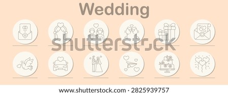 Wedding set icon. Invitation envelope, ceremonial arch, newlywed couple, champagne celebration, romantic carriage, floral decoration, heart balloons, festive reception, marriage tradition